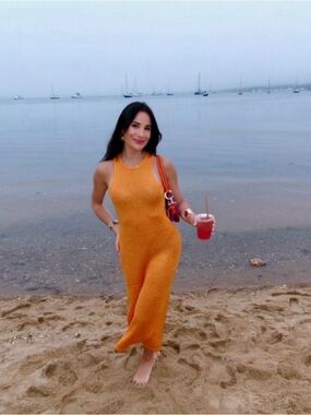 Sleeveless Sparkle Knit Midi Dress in Orange XS